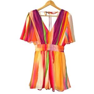 NWT Flying Tomato romper multicolor stripe flutter sleeve tie back size small